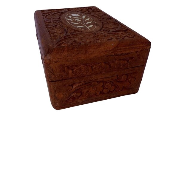 Vintage Hand Carved Wooden Box Mother of Pearl Inlay Floral Leaf Jewelry Chest - Picture 8 of 9